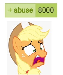 Size: 1160x1380 | Tagged: safe, derpibooru import, applejack, abuse, derpibooru, meta, scared, tags