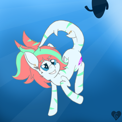 Size: 5000x5000 | Tagged: safe, artist:gnashie, derpibooru import, oc, oc only, oc:tropic wave, original species, shark, shark pony, blue background, crepuscular rays, ear piercing, earring, grin, jewelry, moments before disaster, ocean, piercing, simple background, smiling, sunlight, surfboard, swimming, tail piercing, teeth, underwater, water