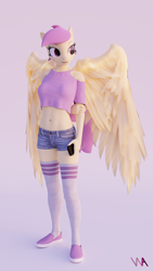 Size: 2160x3840 | Tagged: safe, artist:wintersarts, derpibooru import, oc, oc only, oc:violet heart, anthro, pegasus, plantigrade anthro, 3d, 4k, anthro oc, blender, blender cycles, clothes, denim shorts, female, midriff, not sfm, pegasus oc, shorts, solo, thigh highs