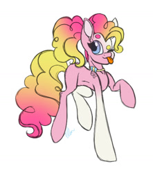 Size: 1280x1446 | Tagged: safe, artist:donnie-moon, derpibooru import, pinkie pie, earth pony, pony, :p, alternate hairstyle, female, mare, one eye closed, raised hoof, raised leg, simple background, solo, tongue, tongue out, white background, wink