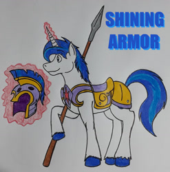 Size: 1157x1171 | Tagged: safe, artist:dingopatagonico, derpibooru import, shining armor, pony, helmet, solo, traditional art