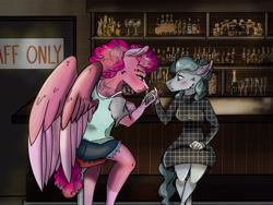 Size: 2048x1536 | Tagged: safe, artist:artfestation, derpibooru import, cloudy quartz, oc, anthro, pegasus, pony, bar, clothes, duo, female, indoors, lesbian, pegasus oc, poearth pony, shorts, stool