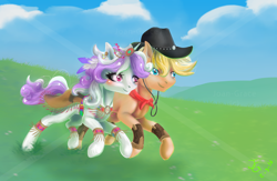 Size: 4000x2600 | Tagged: safe, artist:joan-grace, derpibooru import, oc, oc only, earth pony, pony, blushing, cloud, eyelashes, hat, outdoors, signature