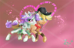 Size: 4000x2600 | Tagged: safe, alternate version, artist:joan-grace, derpibooru import, oc, oc only, earth pony, pony, abstract background, blushing, duo, earth pony oc, eyelashes, female, hat, male, mare, running, signature, stallion