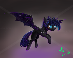 Size: 2000x1600 | Tagged: safe, artist:joan-grace, derpibooru import, oc, oc only, alicorn, bat pony, bat pony alicorn, pony, abstract background, bat pony oc, bat wings, blushing, flying, horn, jewelry, necklace, signature, solo, starry wings, wings
