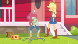Size: 3410x1920 | Tagged: safe, derpibooru import, screencap, apple bloom, applejack, better together, equestria girls, holidays unwrapped, apple bloom's bow, applejack's hat, belt, boots, bow, clothes, cowboy boots, cowboy hat, cutie mark, cutie mark on clothes, denim skirt, eyes closed, female, geode of super strength, hair bow, hat, jewelry, magical geodes, necklace, shoes, skirt, smiling, the cider louse fools
