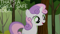 Size: 1280x720 | Tagged: safe, derpibooru import, edit, edited screencap, editor:quoterific, screencap, sweetie belle, pony, unicorn, season 1, the cutie mark chronicles, cute, diasweetes, female, filly, open mouth, solo, tree