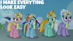 Size: 1280x720 | Tagged: safe, derpibooru import, edit, edited screencap, editor:quoterific, screencap, cloudchaser, lightning dust, rainbow dash, pegasus, pony, season 3, wonderbolts academy, female, goggles, mare, open mouth, smiling