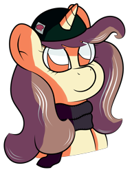 Size: 2217x2885 | Tagged: safe, artist:sparkfler85, derpibooru exclusive, derpibooru import, oc, oc only, oc:hymyt, pony, unicorn, bust, clothes, cutie mark, cutie mark on clothes, female, hat, mare, portrait, scarf, simple background, solo, transparent background