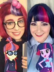 Size: 1717x2286 | Tagged: safe, artist:maddymoiselle, artist:sarahndipity cosplay, derpibooru import, moondancer, twilight sparkle, human, equestria girls, clothes, cosplay, costume, glasses, grin, irl, irl human, looking at you, photo, smiling