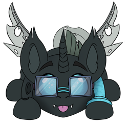 Size: 1254x1226 | Tagged: safe, artist:rokosmith26, derpibooru import, oc, oc only, oc:tarsi, changeling, pony, :p, changeling oc, chibi, clothes, commission, cute, ear fluff, ears, eyebrows, glasses, horn, leg warmers, looking at you, lying down, male, simple background, solo, spread wings, stallion, teeth, tongue, tongue out, transparent background, wings, ych result