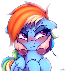 Size: 3200x3500 | Tagged: safe, artist:heavymetalbronyyeah, derpibooru import, rainbow dash, pegasus, pony, :i, blushing, cheek squish, disembodied hand, ears, floppy ears, hand, simple background, squishy cheeks, tsunderainbow, tsundere, white background