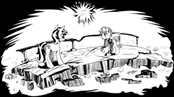 Size: 4256x2364 | Tagged: safe, artist:lexx2dot0, derpibooru import, oc, oc only, oc:blackjack, oc:scotch tape, earth pony, pony, unicorn, fallout equestria, fallout equestria: project horizons, black and white, clothes, duo, fanfic art, grayscale, high res, horn, monochrome, small horn, vault security armor, vault suit