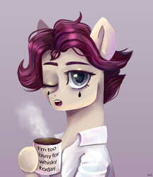 Size: 2000x2316 | Tagged: safe, artist:ske, derpibooru import, oc, earth pony, pony, clothes, coffee cup, commission, cup, shirt, sleepless, solo