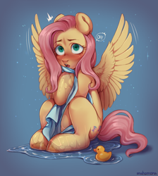 Size: 2597x2903 | Tagged: safe, artist:muhomora, derpibooru import, fluttershy, pegasus, pony, blushing, blushing profusely, covering, emanata, female, high res, looking at you, mare, open mouth, rubber duck, shy, sitting, speech bubble, spread wings, startled, three quarter view, towel, unshorn fetlocks, water, water droplet, wet, wings