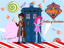 Size: 1280x960 | Tagged: safe, artist:edcom02, artist:vanossfan10, derpibooru import, doctor whooves, pinkie pie, equestria girls, candy, candy cane, candy corn, clothes, cotton candy, cravat, doctor who, fedora, food, fourth doctor, fourth doctor's scarf, hat, jelly babies, logo, lollipop, scarf, shirt, tardis, the doctor, title card, tom baker, tom baker's scarf, trenchcoat, trousers, waistcoat