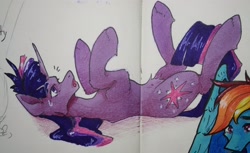 Size: 3298x2018 | Tagged: safe, artist:rover, artist:rrrover, derpibooru import, twilight sparkle, unicorn twilight, pony, unicorn, cute, embarrassed, lying down, solo, traditional art