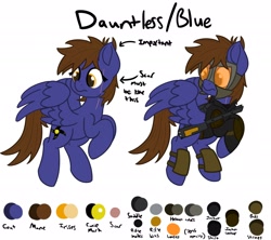 Size: 2048x1820 | Tagged: safe, artist:memeancholy, derpibooru import, oc, oc only, oc:dauntless, pegasus, pony, fallout equestria, armor, battle saddle, clothes, flying, looking back, reference sheet, simple background, solo, white background