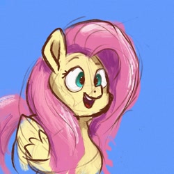 Size: 2048x2048 | Tagged: safe, artist:dummyhorse, derpibooru import, fluttershy, pegasus, pony, blue background, bust, cute, female, folded wings, high res, mare, open mouth, open smile, portrait, shyabetes, simple background, sketch, smiling, solo, three quarter view, wings