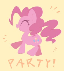 Size: 1739x1932 | Tagged: safe, artist:noupu, derpibooru import, pinkie pie, earth pony, pony, eyes closed, female, happy, mare, open mouth, open smile, party, simple background, smiling, solo, text, yellow background