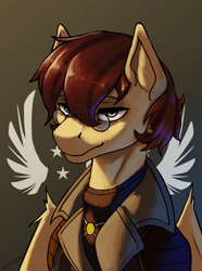 Size: 3120x4200 | Tagged: safe, artist:neitherman83, derpibooru import, oc, oc:rukh, pegasus, fallout equestria, bust, clothes, commission, enclave, grand pegasus enclave, male, military uniform, portrait, stallion, uniform