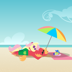 Size: 2160x2160 | Tagged: safe, anonymous artist, derpibooru import, big macintosh, fluttershy, oc, oc:late riser, earth pony, pegasus, pony, series:fm family vacation, series:fm holidays, arm behind head, baby, baby pony, beach, beach towel, beach umbrella, clothes, colt, cuddling, family, female, fluttermac, male, mare, ocean, offspring, one-piece swimsuit, parent:big macintosh, parent:fluttershy, parents:fluttermac, pointy ponies, shipping, sleeping, smiling, stallion, straight, sunbathing, sunglasses, swimming trunks, swimsuit