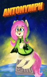 Size: 1263x2048 | Tagged: safe, artist:dummyhorse, derpibooru import, fluttershy, pony, antonymph, bipedal, clothes, female, fluttgirshy, gir, hoodie, invader zim, keyboard, mare, open mouth, open smile, raised hoof, raised leg, smiling, solo, speedpaint available, standing, surfing, three quarter view, title drop, vylet pony