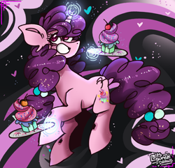 Size: 2800x2700 | Tagged: safe, artist:its_sunsetdraws, derpibooru import, sugar belle, pony, unicorn, cheek fluff, cupcake, cutie mark, digital art, fanart, food, looking at you, magic, my little pony, poofy mane, simple background, smiling, smiling at you, solo, sprinkles, sprinkles in mane