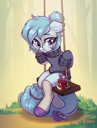 Size: 1553x2048 | Tagged: safe, artist:taneysha, derpibooru import, oc, oc only, oc:whispy slippers, earth pony, pony, bow, clothes, female, glasses, mare, open mouth, sitting, slippers, snail, socks, solo, sweater, swing