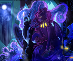 Size: 2100x1750 | Tagged: safe, artist:bunnari, derpibooru import, nightmare moon, oc, alicorn, pony, bat wings, blue eyes, blue mane, blue tail, cloud, commission, ethereal mane, eyelashes, fangs, female, flowing mane, flowing tail, glow, golden eyes, helmet, hoof shoes, horn, looking at each other, moon, moonlight, night, purple mane, signature, smiling, starry mane, stars, teeth, throne, throne room, wings