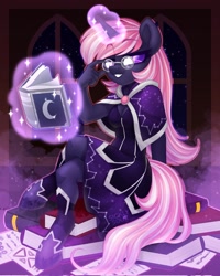 Size: 1635x2048 | Tagged: safe, artist:sickly-sour, derpibooru import, oc, oc only, anthro, unguligrade anthro, unicorn, anthro oc, book, cape, clothes, dress, female, glasses, grin, levitation, looking at you, magic, mare, sitting, smiling, smiling at you, solo, telekinesis