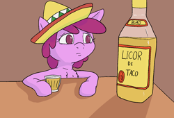 Size: 1414x963 | Tagged: safe, artist:happy harvey, derpibooru import, berry punch, berryshine, earth pony, pony, alcohol, chest fluff, colored, colored pupils, drawn on phone, drawthread, dripping, female, food, mare, ponified, ponified animal photo, sad, sombrero, table, tequila