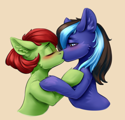 Size: 1496x1442 | Tagged: safe, artist:kittytitikitty, derpibooru import, oc, oc:akim, pony, blushing, commission, kissing