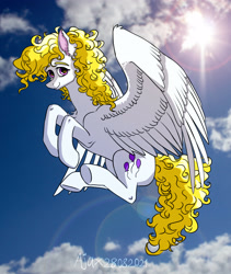 Size: 2700x3200 | Tagged: safe, artist:ajax, artist:ajaxorsomething, artist:willdrawhere, derpibooru import, surprise, pegasus, pony, g1, cloud, flying, looking at you, smiling, solo, spread wings, sunny, sunshine, wings