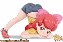 Size: 2480x1676 | Tagged: safe, artist:focusb, apple bloom, human, adorabloom, child, clothes, cute, face down ass up, female, humanized, jacko challenge, looking at you, meme, patreon, shoes, shorts, simple background, smiling, solo, url, white background