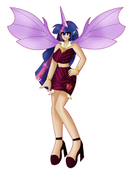Size: 4113x5313 | Tagged: safe, artist:eeveeglaceon, derpibooru import, twilight sparkle, human, undead, vampire, alicorn humanization, bracelet, clothes, fangs, female, high heels, horn, horned humanization, humanized, jewelry, midriff, shoes, simple background, skirt, solo, transparent background, winged humanization, wings