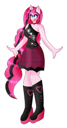 Size: 3147x5944 | Tagged: safe, artist:eeveeglaceon, derpibooru import, pinkie pie, equestria girls, alternate hairstyle, boots, breasts, choker, clothes, cute, diapinkes, female, open mouth, ponied up, shoes, simple background, skirt, solo, tanktop, transparent background