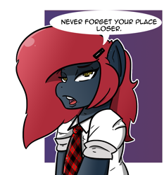 Size: 1067x1146 | Tagged: safe, artist:n-o-n, derpibooru import, oc, oc only, oc:jessi-ka, earth pony, pony, bully, bullying, clothes, dialogue, female, lidded eyes, looking at you, necktie, open mouth, school uniform, schoolgirl, solo, speech bubble, talking to viewer