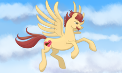 Size: 2500x1500 | Tagged: safe, artist:julymays, derpibooru import, oc, oc only, pegasus, pony, beard, cloud, facial hair, flying, male, solo, stallion, wings