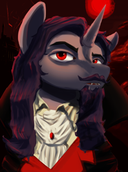 Size: 1560x2100 | Tagged: safe, derpibooru import, oc, oc only, oc:count dominus, pony, undead, unicorn, vampire, vampony, equestria at war mod, beard, blood moon, bust, castlevania, clothes, detailed, detailed background, dracula, dread league, eyebrows, facial hair, fangs, horn, male, mane, moon, ponified, portrait, red eyes, red sky, vlad tepes, what is a man
