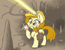 Size: 3300x2550 | Tagged: safe, artist:leadhooves, derpibooru import, oc, oc only, oc:golden star, earth pony, pony, bag, cave, cavern, commission, female, gem, happy, hard hat, hat, hoof hold, jewel, mare, raised hoof, raised leg, saddle bag, shiny, smiling, solo