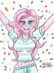 Size: 1100x1500 | Tagged: safe, artist:zachc, derpibooru import, pinkie pie, equestria girls, arms in the air, breasts, clothes, confetti, looking at you, open mouth, pinkie pies, smiling, solo, volumetric mouth