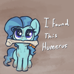 Size: 1310x1310 | Tagged: safe, artist:t72b, derpibooru import, petunia paleo, earth pony, pony, behaving like a dog, bone, female, filly, humerus, looking up, mouth hold, pun, sitting, solo, visual pun