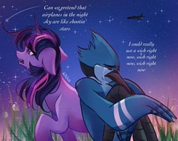 Size: 340x270 | Tagged: artist needed, safe, derpibooru import, twilight sparkle, anthro, pony, unicorn, aeroplanes and meteor showers, airplanes (song), crossover, crossover shipping, crying, female, jay, male, mare, meme, mordecai, mordetwi, redraw mordetwi meme, regular show, shipping, song reference, straight