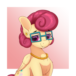 Size: 3200x3200 | Tagged: safe, artist:aquaticvibes, derpibooru import, posey shy, pegasus, pony, ear piercing, earring, female, glasses, jewelry, looking at you, mare, necklace, pearl necklace, piercing, smiling, smiling at you