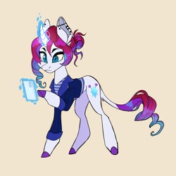 Size: 1947x1948 | Tagged: safe, artist:_psiionix_, derpibooru import, rarity, pony, unicorn, cellphone, clothes, leonine tail, phone, redesign, simple background, smartphone, solo, yellow background