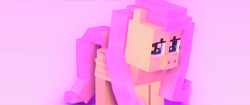 Size: 3440x1440 | Tagged: safe, derpibooru import, fluttershy, pegasus, mine-imator, minecraft, pink background, shy, simple background