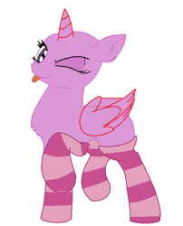 Size: 453x562 | Tagged: safe, artist:aonairfaol, derpibooru import, oc, oc only, alicorn, pony, :p, alicorn oc, bald, base, chest fluff, clothes, eyelashes, horn, one eye closed, simple background, socks, solo, striped socks, tongue, tongue out, white background, wings, wink