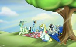 Size: 1132x706 | Tagged: safe, artist:penrosa, derpibooru import, oc, oc only, pegasus, pony, unicorn, cake, cloud, crepuscular rays, food, horn, outdoors, pegasus oc, picnic, picnic blanket, signature, tree, two toned wings, unicorn oc, wings