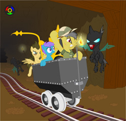 Size: 3425x3283 | Tagged: safe, artist:kyoshyu, derpibooru import, daring do, oc, changeling, pony, minecart